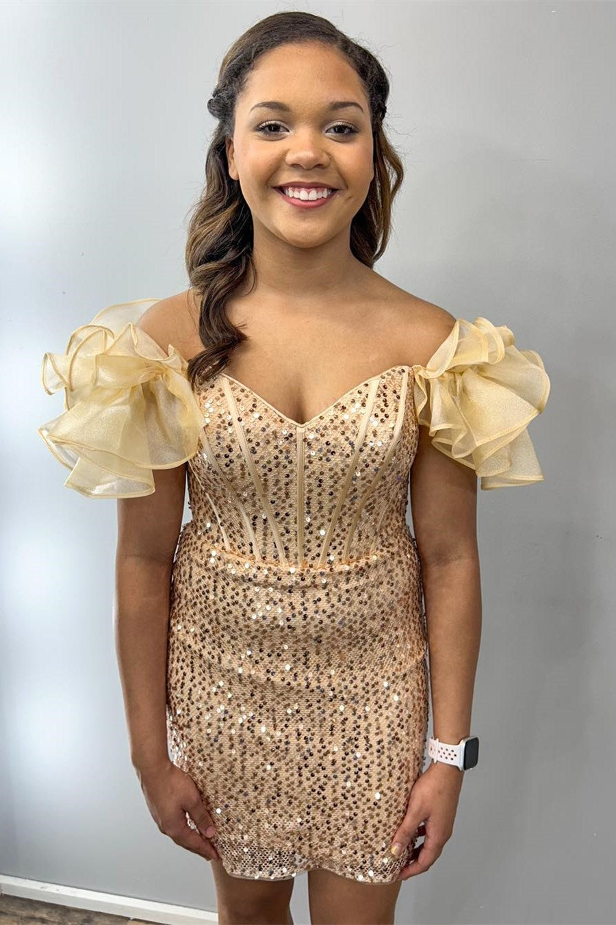 White Iridescent Sequin Off-the-Shoulder Short Dress