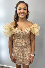 White Iridescent Sequin Off-the-Shoulder Short Dress