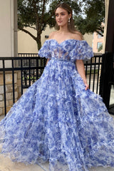 Navy Blue Print Puff Sleeve Ruffle A-Line Long Prom Dress