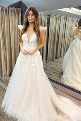 White Appliques V-Neck A-Line Gown with Flutter Sleeves