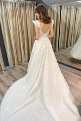 White Appliques V-Neck A-Line Gown with Flutter Sleeves