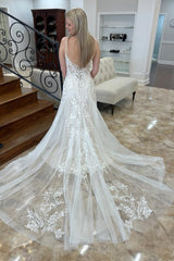 White Applique Spaghetti Strap A-Line Long Wedding Dress