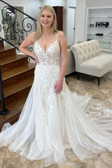 White Applique Spaghetti Strap A-Line Long Wedding Dress
