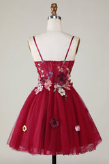 3D Floral Spaghetti Strap A-Line Short Party Dress in Red