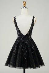 Orange Glitter Applique V-Neck A-Line Homecoming Dress