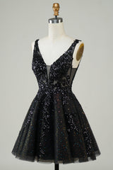 Orange Glitter Applique V-Neck A-Line Homecoming Dress