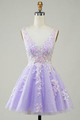 Orange Glitter Applique V-Neck A-Line Homecoming Dress