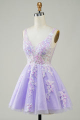Orange Glitter Applique V-Neck A-Line Homecoming Dress