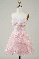 Glitter Lace Corset Ruffle Tiered Short Homecoming Dress
