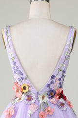 3D Floral V-Neck Backless Homecoming Dress in Lavender