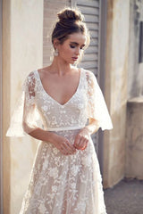 Elegant Women White Lace Wedding Dresses Flare Sleeves Mermaid Gown