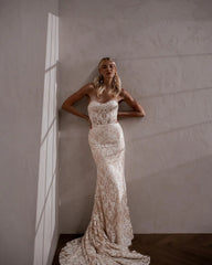 Charming Removable Sleeves Sweetheart Full Lace Mermaid Wedding Dress Sweep Train Bridal Gown