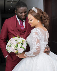 Customized African Women Ball Gown Wedding Dress Elegant Long Sleeves Lace