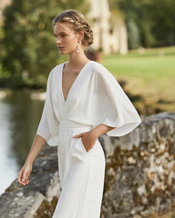 Customized White Jumpsuit Wedding Dresses V Neckline Beach Gowns