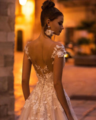 Boho Sheer Off The Shoulder Backless Lace Appliques Wedding Dress Bridal Gown