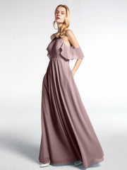 Cold-Shoulder Chiffon Empire Dress with Pockets-Vintage Mauve