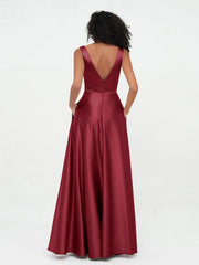 Princess V-neck Satin Max Dresses with Pockets-Burgundy