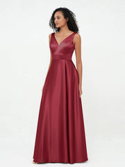 Princess V-neck Satin Max Dresses with Pockets-Burgundy