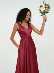 Princess V-neck Satin Max Dresses with Pockets-Burgundy