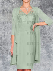 Two Piece Ruffle Chiffon Mother of the Bride Outfit Lace Short Wedding Guest Dress