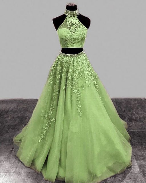 Sage Green Prom Dresses Two Piece Lace Embroidery Beaded Halter Formal Dress