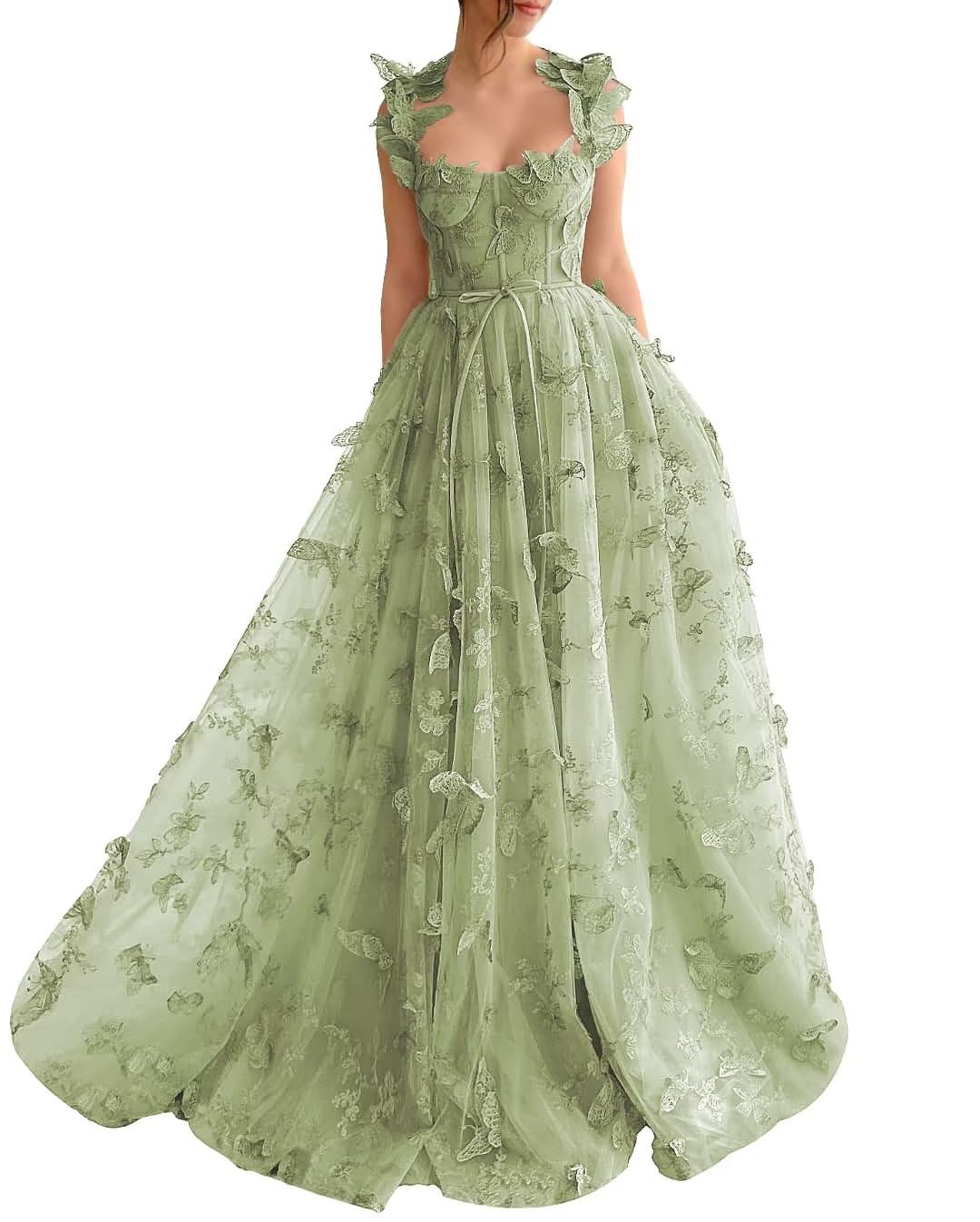 Long Tulle Prom Dress with 3D Butterflies Floor Length Formal Evening Party Gowns