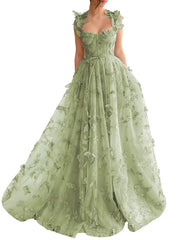 Long Tulle Prom Dress with 3D Butterflies Floor Length Formal Evening Party Gowns