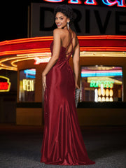 Pleated Top Mermaid Satin Dress Burgundy