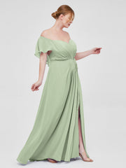 Cap Sleeves Chiffon Bridesmaid Dresses with Slit Dusty Sage Plus Size