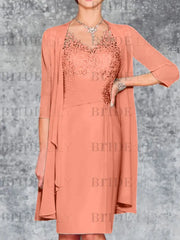 Two Piece Ruffle Chiffon Mother of the Bride Outfit Lace Short Wedding Guest Dress