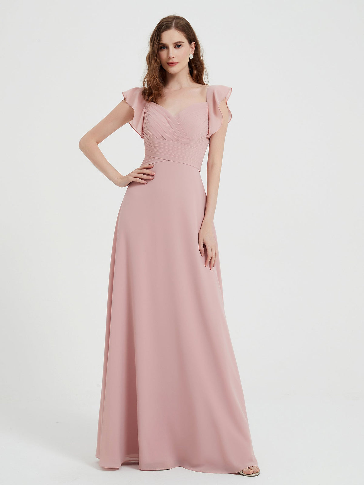 Sweetheart Flutter Sleeves Chiffon Dress Dusty Rose