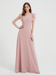 Sweetheart Flutter Sleeves Chiffon Dress Dusty Rose