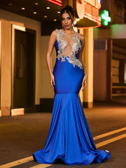 Sexy Applique Beaded Backless Mermaid Long Gown Royal Blue