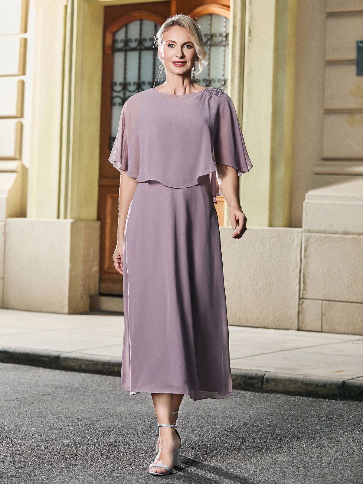 Cap Sleeve A-line Chiffon Tea-length Dress Dusk