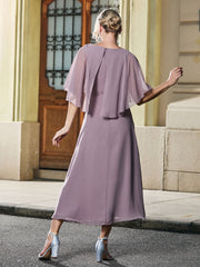 Cap Sleeve A-line Chiffon Tea-length Dress Dusk