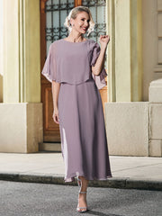 Cap Sleeve A-line Chiffon Tea-length Dress Dusk