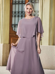 Cap Sleeve A-line Chiffon Tea-length Dress Dusk