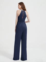 Halter Neckline Sleeveless Pleated Jumpsuit With Sash Dark Navy