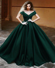 Satin Prom Dresses Ball Gowns V-neck Off The Shoulder