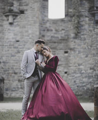 Satin Wedding Ball Gown Dress With Velvet Long Sleeves