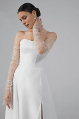 Satin A Line Wedding Dress Minimalist Modern Wedding Dress Off-the-shoulder With Slit Bride Dress