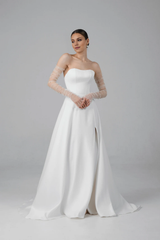 Satin A Line Wedding Dress Minimalist Modern Wedding Dress Off-the-shoulder With Slit Bride Dress