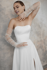 Satin A Line Wedding Dress Minimalist Modern Wedding Dress Off-the-shoulder With Slit Bride Dress