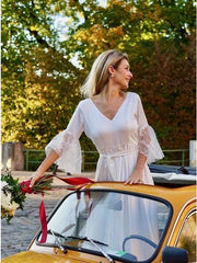 Weitese Formal Women's Dresses A-Line V-Neck V Back 3/4 Sleeves Satin Boho Wedding Dress with Lace Prom Dresses Stores