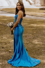 Satin Mermaid Blue Long Prom Dress with Split TP1326