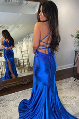 Satin Spaghetti Straps Mermaid Applique Long Prom Dress