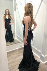 Satin Spaghetti Straps Mermaid Applique Long Prom Dress