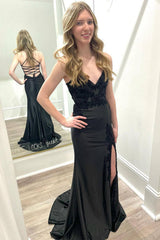 Satin Spaghetti Straps Mermaid Applique Long Prom Dress