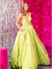 A Line Satin Yellow Prom Dresses Long V Neck with Pockets