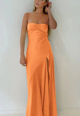 Simple Yellow Spaghetti Straps Satin Long Prom Formal Dress with Slit